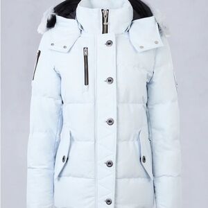Moose Knuckles White Puffer Jacket with Fur Hood
